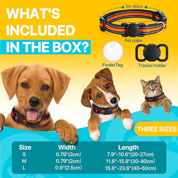 Dog Tracker Collar, No Monthly Fee Cat Tracker Collar(Only iOS), Compatible with Apple FindMy App, Reflective FinderTag Smart Collars, Anti-Lost, Key Finder for Pets/Items(NOT GPS)