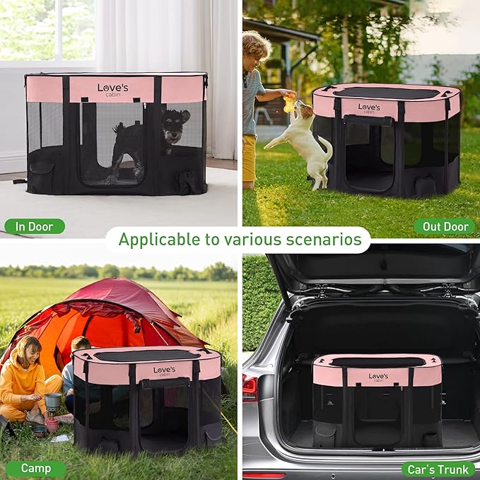 Love's cabin Pet Puppy Dog Playpen, Medium Dog Tent Crates Cage Indoor/Outdoor, Portable Exercise Playpen for Cat, Foldable Pop Up Dog Kennel Playpen with Carring Case (M, Pink)
