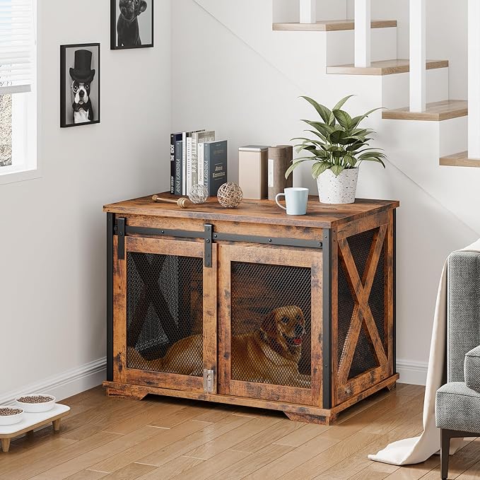 GAOMON Sliding Doors Dog Crate Furniture,Indoor Wooden Dog Crate Furniture with End Table and Flip-top Plate,Detachable Divider for Dog Kennel,Dog House, Rustic Brown