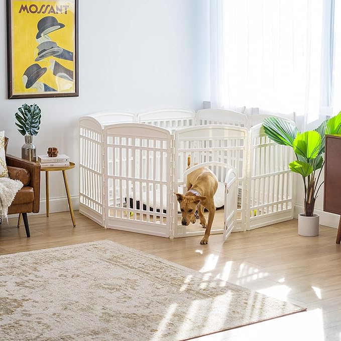 IRIS USA 34" 8-Panel Dog Playpen with Door, 63 x 63 x 35, Puppy Playpen, Dog Play Pen Indoors, Pet Fence, Medium Pets, White