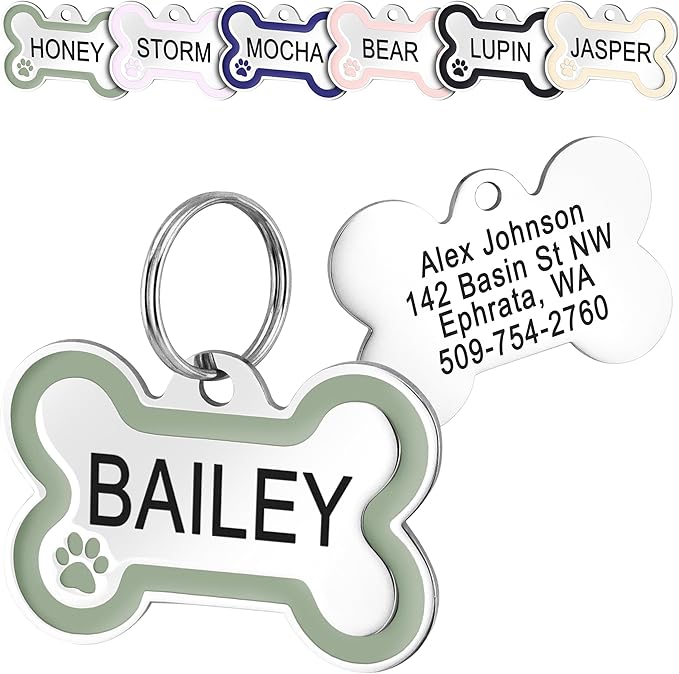 GoTags Stainless Steel Bone Dog Tag with Color Outline and Paw Print, Personalized Pet ID Tag for Dogs and Cats, Custom Engraving with up to 5 Lines of Text on Both Sides (Green, Regular)