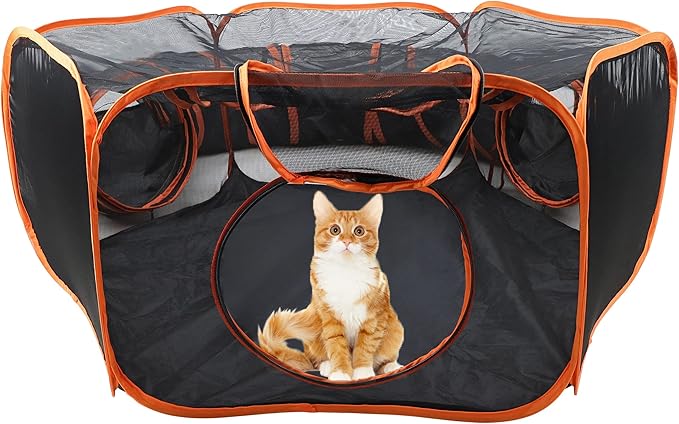 MiMu Dog Playpen Indoor Outdoor 4 Foot Cat Tent with Exercise Tunnel - Orange Pop Up Travel Playpen for Puppies, Kittens, Rabbits, Guinea Pigs, and Small Pets - Portable Enclosed Mesh Pen with Case