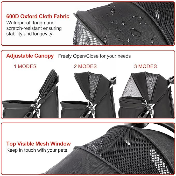 Pet Stroller for Medium Small Dogs and Cats, Folding Puppy Stroller Dog Cat Cage Jogger Stroller with Cup Holder and Storage Basket, 4 Wheels, Black