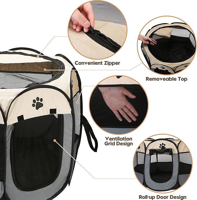 Sea Team Foldable Pet Playpen - Portable, Soft Pop-Up Design for Dogs, Cats and Kittens - Breathable Mesh Fabric Cage - Lightweight and Indoor/Outdoor Use