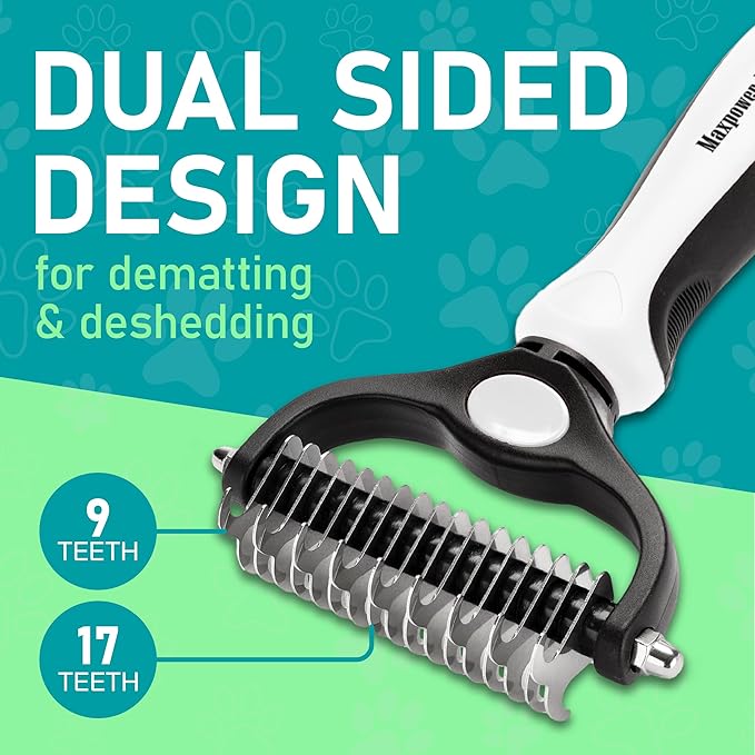 Maxpower Planet Pet Grooming Brush - Double-Sided Undercoat Rake for Dogs and Cats, Extra Wide, Reduces Shedding by 95%, White
