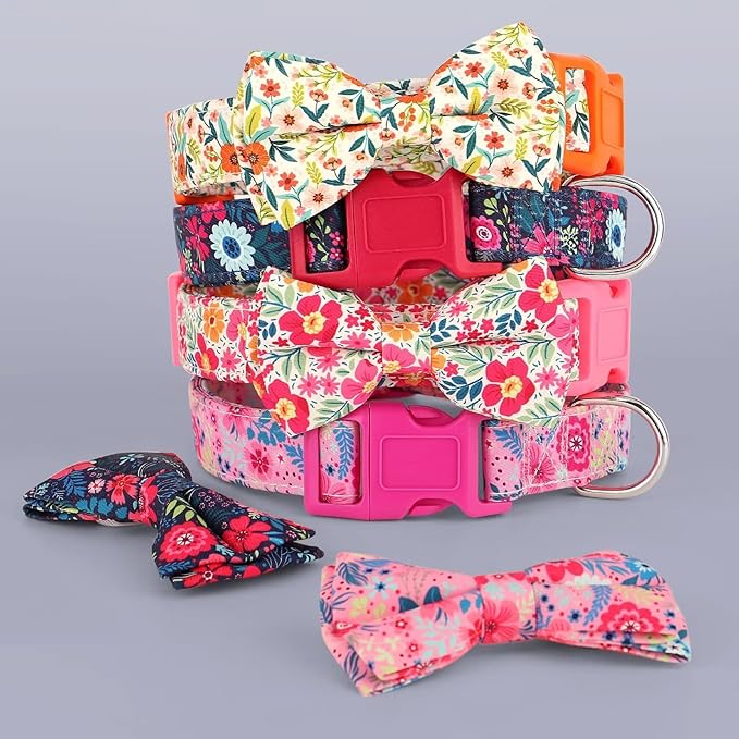 Didog Floral Dog Collar with Bow, Cute Girl Dog Collars with Detachable Bowtie, Soft & Comfy Spring Summer Dog Collar for Small Medium Large Dogs Gift Holiday, Red, L