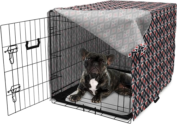 Lunarable Casino Dog Crate Cover, with Geometrical Design and Mosaic Composition Gamblers Club, Easy to Use Pet Kennel Cover for Cats & Medium Dogs, 24 Inch, Black Red Grey