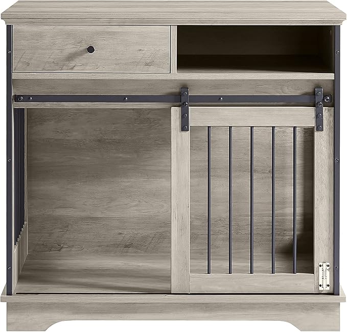 Dog Crate Furniture, Dog House Indoor with Sliding Barn Door, 35" Wood Dog Crate Heavy Duty Dog Kennels Decorative Dog Crate for Small/Medium/Large Dog Grey