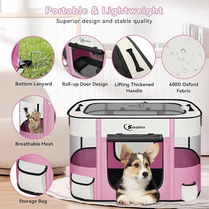 Dog Cat Playpen28/31/35in, Pet Puppy Portable Playpens for Outdoor Travel Crate, Indoor After Surgery Use, Foldable Dog Kennel Tent for Rabbit or Small Animals and Tent Stakes(Pink, Medium)
