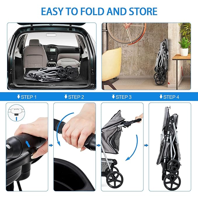 Pet Stroller, Cat Dog Stroller for Medium Small Dog with Storage Basket Foldable Lightweight Dog Carrier Trolley, 4 Wheel, Gray