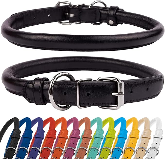 CollarDirect Rolled Leather Dog Collar, Soft Padded Round Puppy Collar, Handmade Genuine Leather Collar Dog Small Large Cat Collars 13 Colors (8-11 Inch, Black Textured)