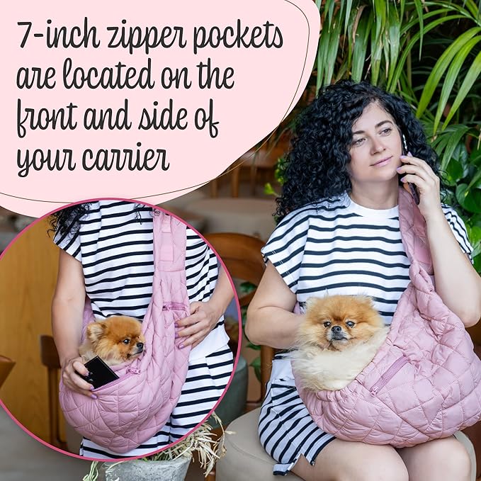 Dog and Cat Sling Carrier for Small Medium Puppy & Kitten Carrying, Wearable Crossbody Purse Bag with Adjustable Size and Shoulder Strap, Safety Clip, Two Zip Pockets (Pastel Pink)