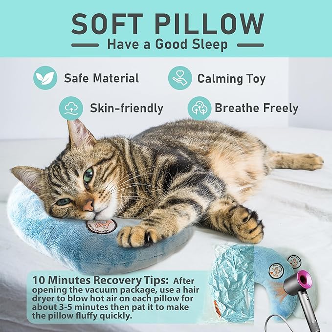 Cat Pillow, Dog Pillow, Claming Pillows for Small Dogs and Cats, Joint Relief Sleeping Improve Pet Neck Pillow, Deep Sleep Fluffy & Cozy Pet Calming Toy,Machine Washable(2 Pack(Blue&White))
