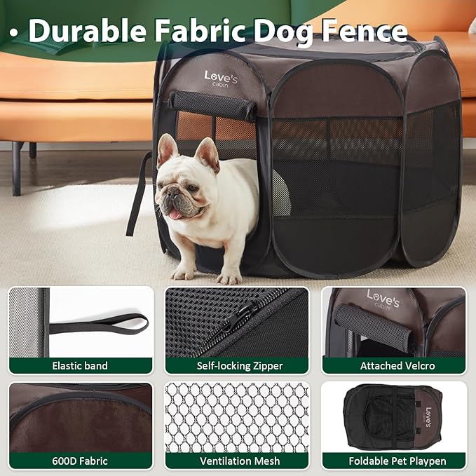 Love's Cabin Medium Dog Tent Crate, Portable Foldable Dog Kennel with Carrying Case, Removable Zipper Top, Brown