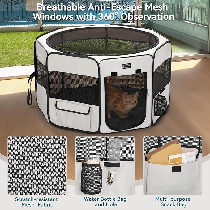 PETSFIT Portable Dog Playpen, 29" Dia Puppy Playpen with Zipper Removable Mesh Top Cover and Leakproof Playpen Bottom Mat-Cat Playpen Indoor/Outdoor for Cats,Dogs&Small Animals