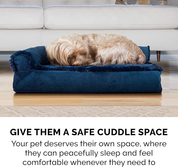 Furhaven Memory Foam Dog Bed for Large/Medium Dogs w/ Removable Bolsters & Washable Cover, For Dogs Up to 55 lbs - Plush & Velvet L Shaped Chaise - Deep Sapphire, Large