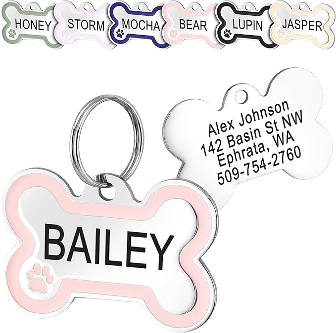 GoTags Stainless Steel Bone Dog Tag with Color Outline and Paw Print, Personalized Pet ID Tag for Dogs and Cats, Custom Engraving with up to 5 Lines of Text on Both Sides (Pink, Regular)