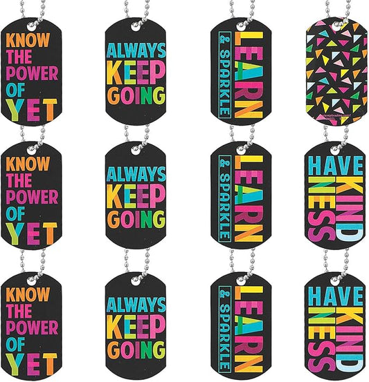 Stylish Assorted Multicolor Confetti Dog Tag Metal Necklaces - 2" Tags on 24" Chains, (Pack of 12) - Eye-Catching & Fun Accessory for Parties, Gifts, or Personal Style