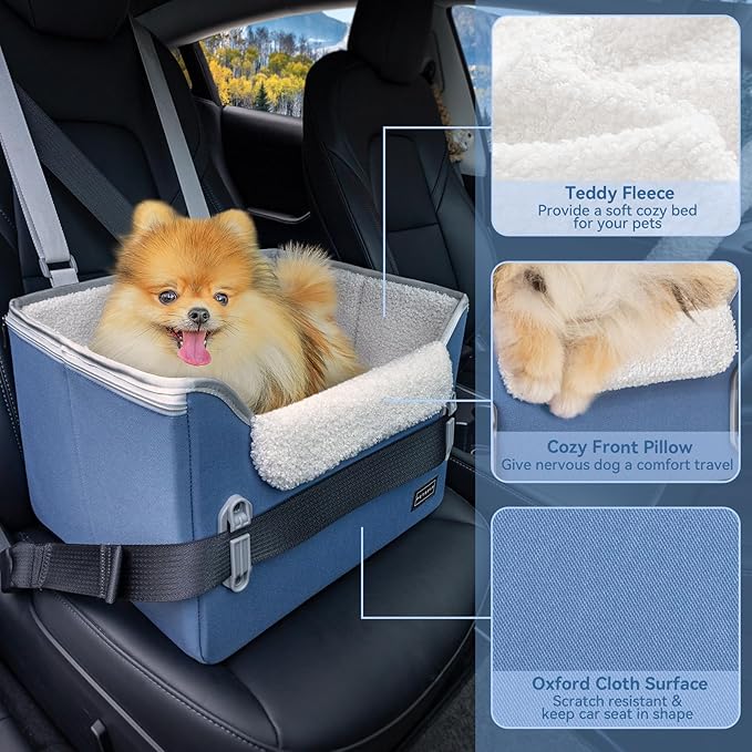 PETSFIT Small Dog Car Seat, Puppy Portable Dog Booster seat for Car with Clip-On Leash, Adjustable Straps Suitable for Small Pets Up to 25lbs (Navy Blue)
