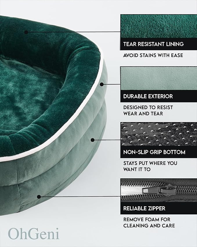 OhGeni Orthopedic Dog Bed for Large Dogs, Dog Couch Design with Egg Foam Support, Removable, Machine Washable Plush Cover and Non-Slip Bottom with Four Sided Bolster Cushion (Dark Green)