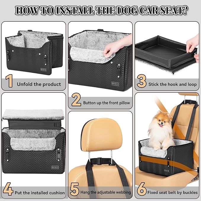 PETSFIT Dog Car Seat, Waterproof PU Leather Dog Carseat with Patented Safe Buckles, Clip-On Leash, Pet Travel Carrier Bed for Small Pets Up to 25lbs (Black)