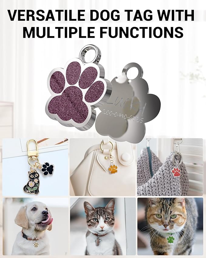 72 Pcs Dog Tags Personalized for Pets Glitter Paw Print Stainless Steel Dog Tag Cute Dog Name Tag Bulk Dog Tags Cat Tags for Wholesale (12 Colors)
