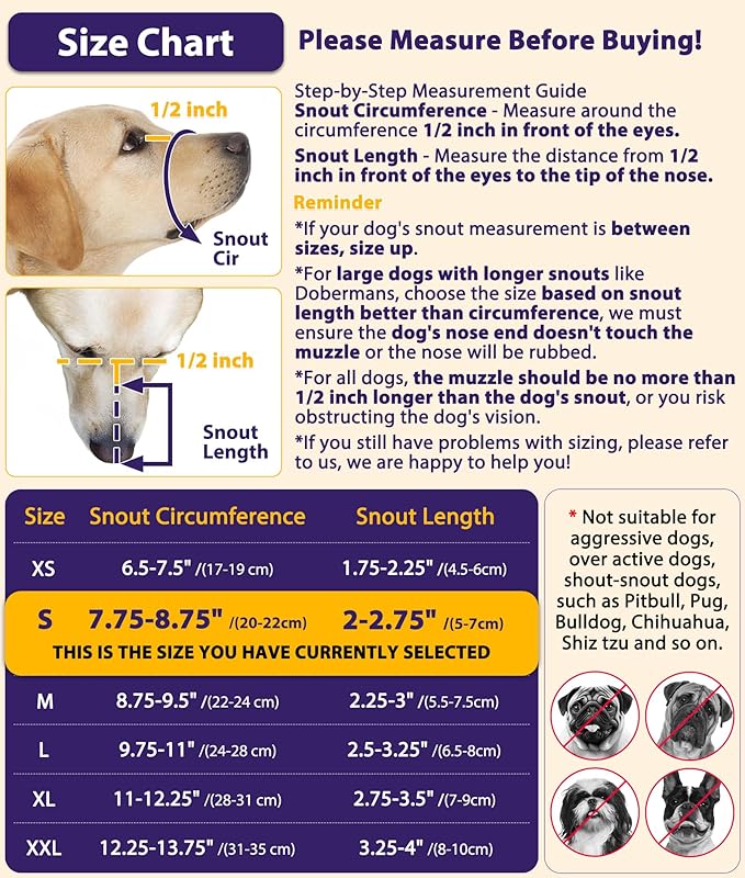 LUCKYPAW Dog Muzzle, Mesh Muzzle for Large Medium Small Dogs with Front Opening Design, Dog Mouth Cover to Prevent Biting, Licking, Chewing, Scavenging, Allows Drinking (S-Snout:7¾-8¾", Black)