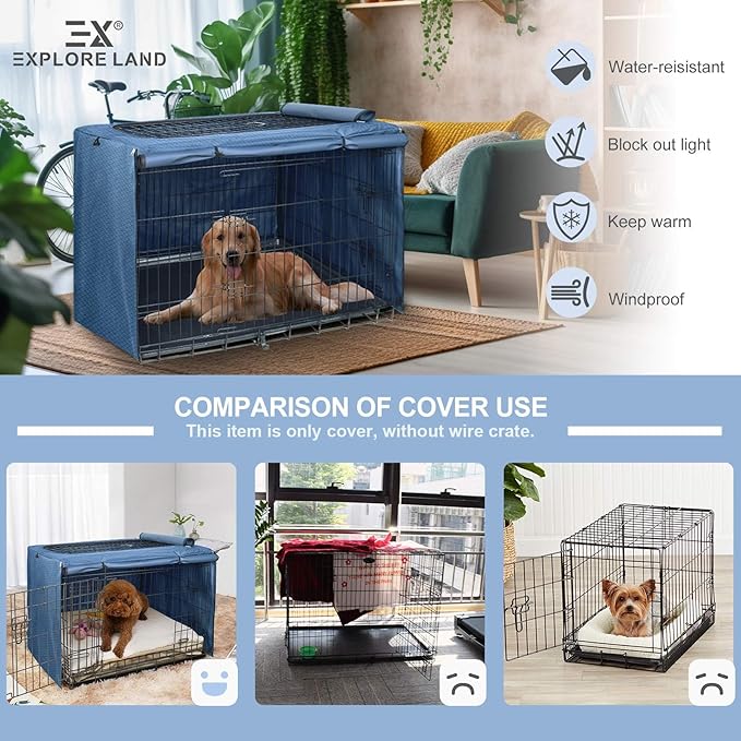 Explore Land Dog Crate Cover for 48 Inches Wire Cage, Heavy-Duty Lattice Pet Kennel Enclosure Compatible with 1 2 3 Doors Standard Metal Cage (Blue)