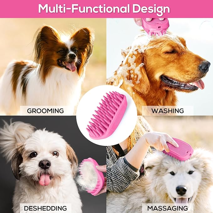 Dog Bath Brush, Dog Bath Supplies Silicone Shampoo Brush Long & Short Haired Dogs Cats, Scrubber Washing Grooming Pet Brush, Soft Massage Shedding Brush Bathing Shower Small Large Pets (Pink)
