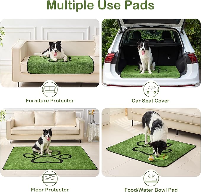 Qeils Washable Pee Pads for Dogs, 4 Pack Super Absorbent Reusable Puppy Pads with Green Long Wool for Potty Training, Floor, Couch, Bed, and Crate,24"x 36"