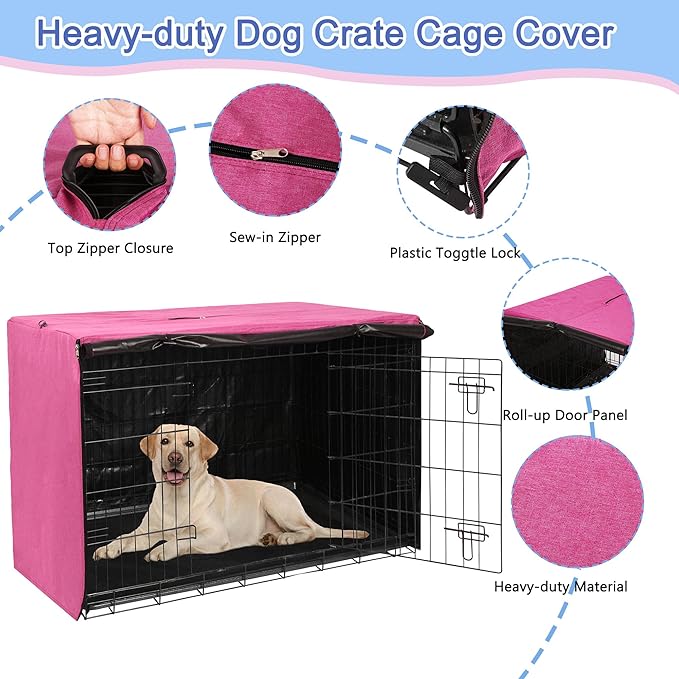 Deblue Heavy-Duty Dog Crate Cover, Privacy Pet Kennel Cover Universal Fits for 48 Inches Wire Cage, Polyester Crate Cover Fit for 1 2 3 Doors Crate (Pink)