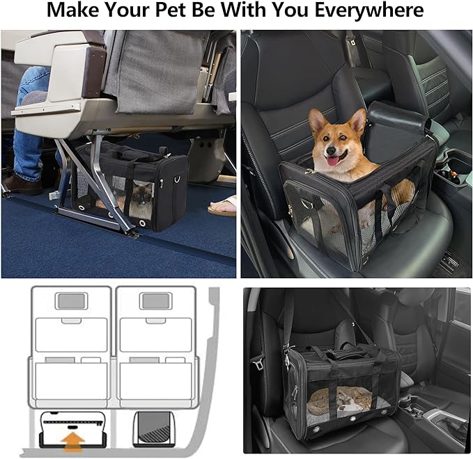 Soft Sided Cat/Dog Carrier,Collapsible Pets Travel Carriers for Pet/Puppy with Shoulder Strap & Removable Mat,Mesh Top Load Small Dogs/Cats Carry Bag Up to 17 Lbs TSA Airline Approved(Black,M)