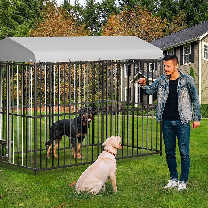 Large Outdoor Dog Kennel with Waterproof Cover, Large Dog House with Feeding Doors, Heavy Duty Dog Enclosures for Garden Backyard Courtyard(8×4×6FT)