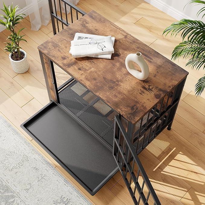 32.8 Inch Wooden Dog Crate Furniture,Indoor Pet Kennel with 2 Sliding Doors,Pull-Out Tray,Stylish Design for Home Decor,Rustic Brown