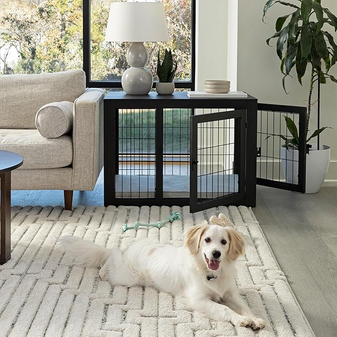 Furniture-Style Dog Crate - Acacia Wood Kennel for Medium Dogs with Double Doors and Cushion - Dog Cage Furniture by PETMAKER (Black)
