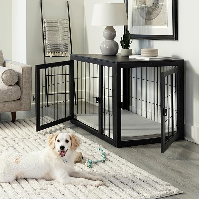 Furniture-Style Dog Crate - Acacia Wood Kennel for Large Dogs with Double Doors and Cushion - Dog Kennel Furniture by PETMAKER (Black)