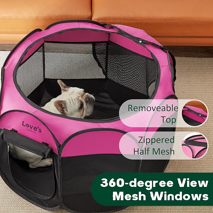 Love's cabin Pet Puppy Dog Playpen, Small Dog Tent Crates Cage Indoor/Outdoor, Portable Playpen for Dog and Cat, Foldable Pop Up Dog Kennel Playpen with Carring Case, Removable Zipper Top, Pink