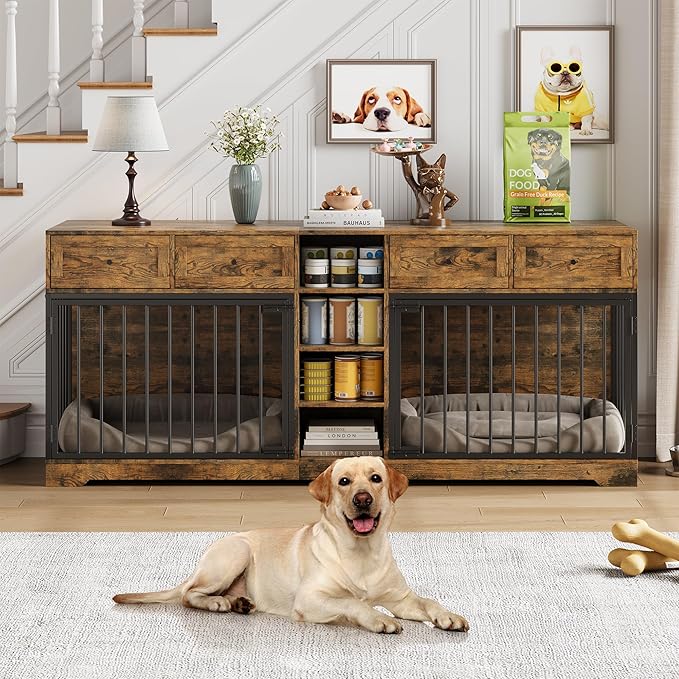 IDEALHOUSE 82” Large Dog Crate for 2 Dogs, Dog Kennel Indoor with 4 Drawers and Shelves, Double Dog Crate Furniture TV Stand, Wooden Heavy Duty Dog Crate for Medium Large Dogs, Rustic Brown