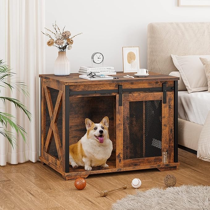 GAOMON Sliding Doors Dog Crate Furniture,Indoor Wooden Dog Crate Furniture with End Table and Flip-top Plate,Detachable Divider for Dog Kennel,Dog House, Rustic Brown
