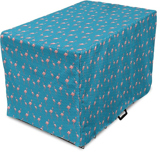 Lunarable Flamingo Dog Crate Cover, Tropical Romance Birds on Wavy Horizontal Stripes Hawaiian Love Doodle, Easy to Use Pet Kennel Cover for Medium Large Dogs, 42 Inch, Azure Blue and Coral