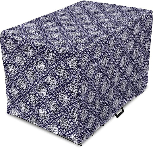 Lunarable Royal Blue Dog Crate Cover, Antique Moroccan Style Exotic Orient Inspired Ceramic Pattern Print Art, Easy to Use Pet Kennel Cover for Medium Large Dogs, 22 Inch, Indigo and White