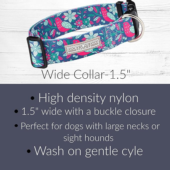 Lucky Love Dog Wide Dog Collar - Adjustable, Durable, Soft Webbing, & Comfortable 1.5 inch Wide Collar for Dogs Male and Female - in Carriebelle Pattern with Strong Buckle, Large Size