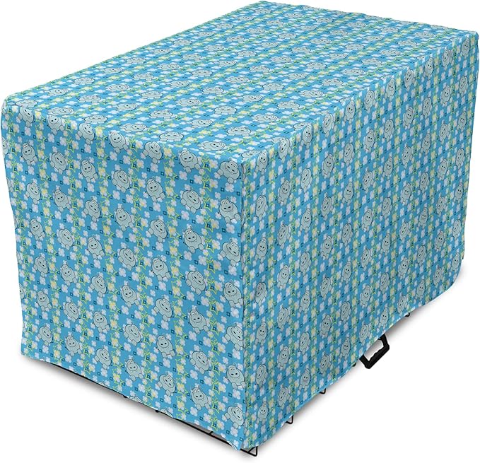 Lunarable Yellow and Blue Dog Crate Cover, Funny Cartoon Hippopotamus with Stars and Daisy Flowers, Easy to Use Pet Kennel Cover for Small Dogs Puppies Kittens, 22 Inch, Pale Blue White Yellow