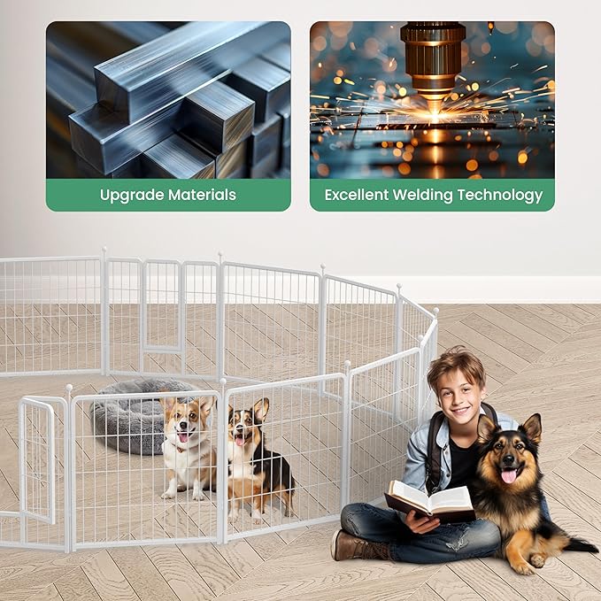 Simple Deluxe Dog Playpen, 24" Height 16 Panels Fence with Anti-Rust Coating, Metal Heavy Portable Foldable Dog Pen for Small/Medium Dogs RV Camping, White