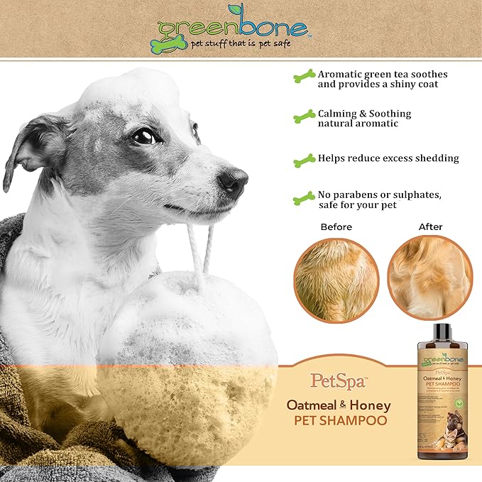 Pet Spa Oatmeal & Honey Dog Shampoo - Calming, Soothing, Gentle Grooming Solution, 33 fl oz, Safe & Natural Formula