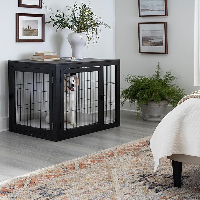 Furniture-Style Dog Crate - Acacia Wood Kennel for Large Dogs with Double Doors and Cushion - Dog Kennel Furniture by PETMAKER (Black)