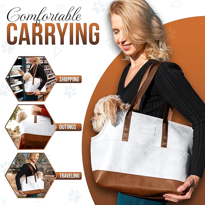 Luxury Dog Purse Carrier for Small Dogs, Faux Leather Pet Carrier Purse, Secure Harness Clip, Dog Tote Bag Carrier for Small Dogs and Puppies - White