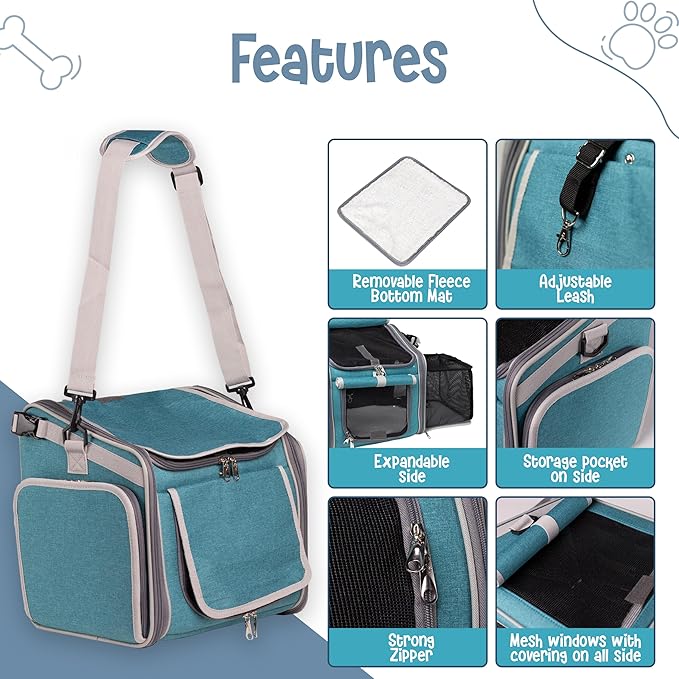 Dog Bike Basket, Mesh Windows, 2 Safety Leashes, Soft Sided, Safe Comfortable Pet Carrier for Small Dogs, Cats (Blue)