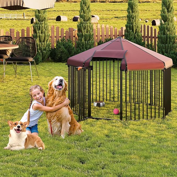 Large Dog Kennel Outside with Roof, Outdoor Dog Kennel with Metal Gate, Heavy Duty Hexagonal Dog Kennel with Lock for OuLarge Dog Kennel Outside with Roof, Outdoor Dog Ketdoor Backyard (4.9x4.9x3.6FT)