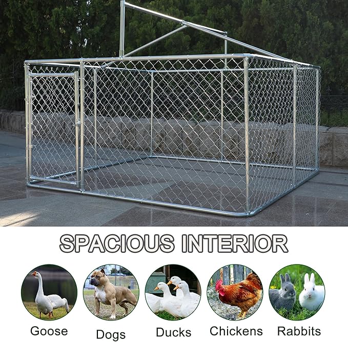Large Outdoor Dog Cage with UV and Waterproof Cover,Metal Galvanized Rustproof Puppy Fence,W/Security Door,Heavy Duty Kennel for Farm & Garden,Silver 9.8'Lx9.8'Wx4.4'H